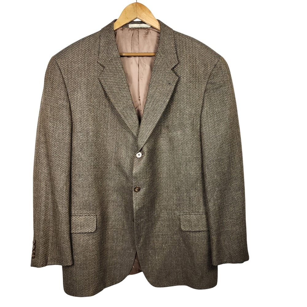 Joseph Abboud Patrick‎ James Silk Wool Herringbone Blazer 46R Brown Vintage Work